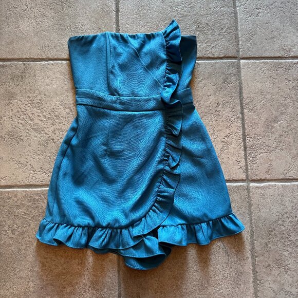 Do+Be Strapless Blue Ruffle Romper - Picture 1 of 3
